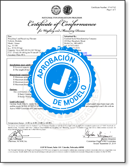 Certificado de conformidad de Cardinal Weighing Colombia